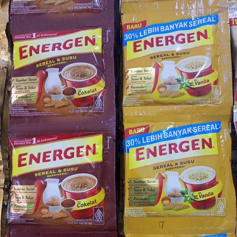 

Energen sereal & susu rasa cokelat dan vanilla 1 renteng isi 12