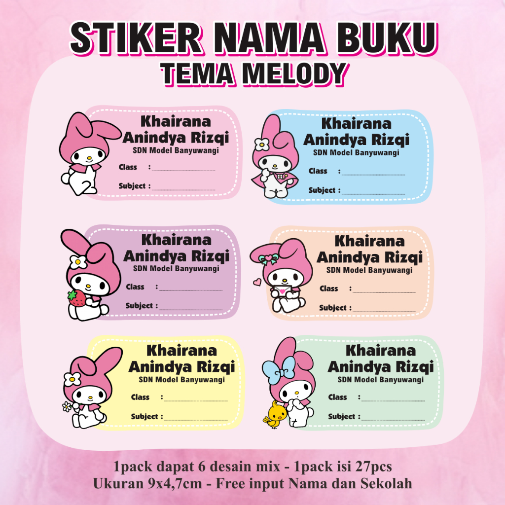 

(isi 27pcs) Stiker Nama Tema My Melody