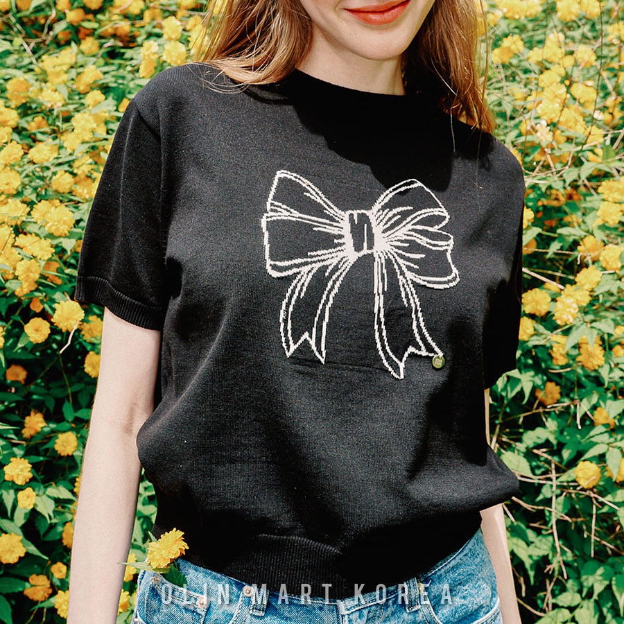 RONRON LINE RIBBON SHORT SLEEVE KNIT BLACK