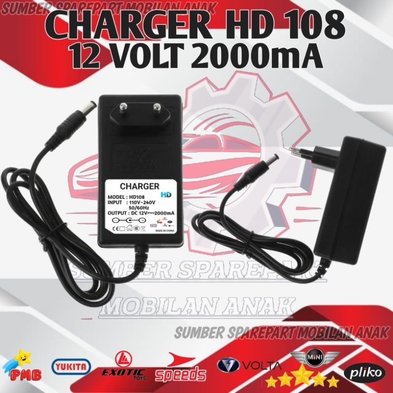CHARGER HD108 12VOLT 2000mA MOBIL AKI ANAK MOTOR AKI ANAK PLIKO YUKITA PMB MINI SPEEDS VOLTA RASTAR 