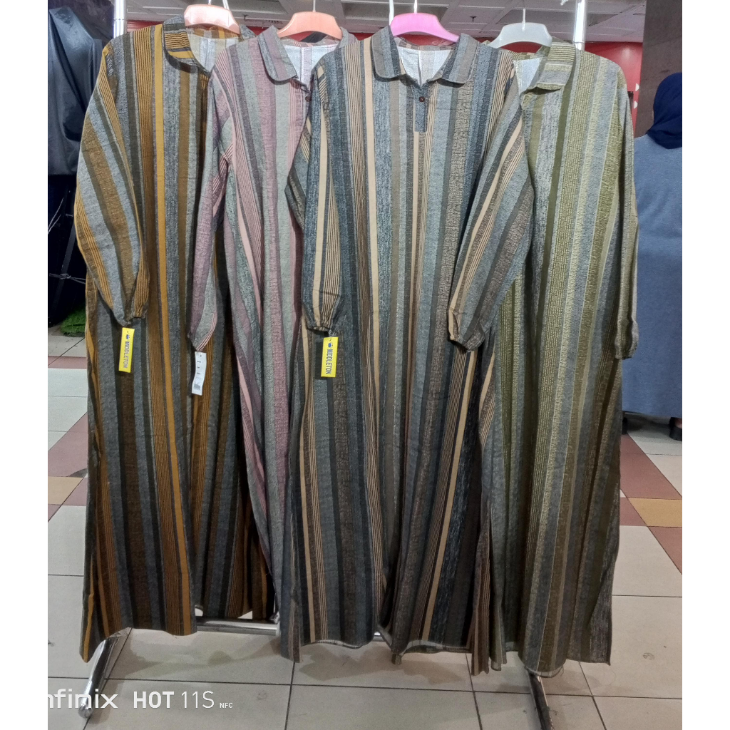 GAMIS BAHAN LINEN /RAMI/ PJ MODEL KERAH BABY CORAK GARIS-GARIS