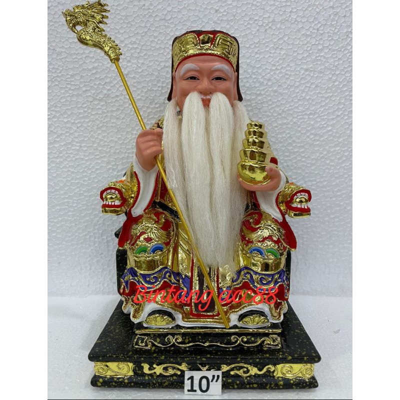 patung dewa bumi/ hok tek/ ta pe kong - emas - 10inch  - tongkat - kayu -l24