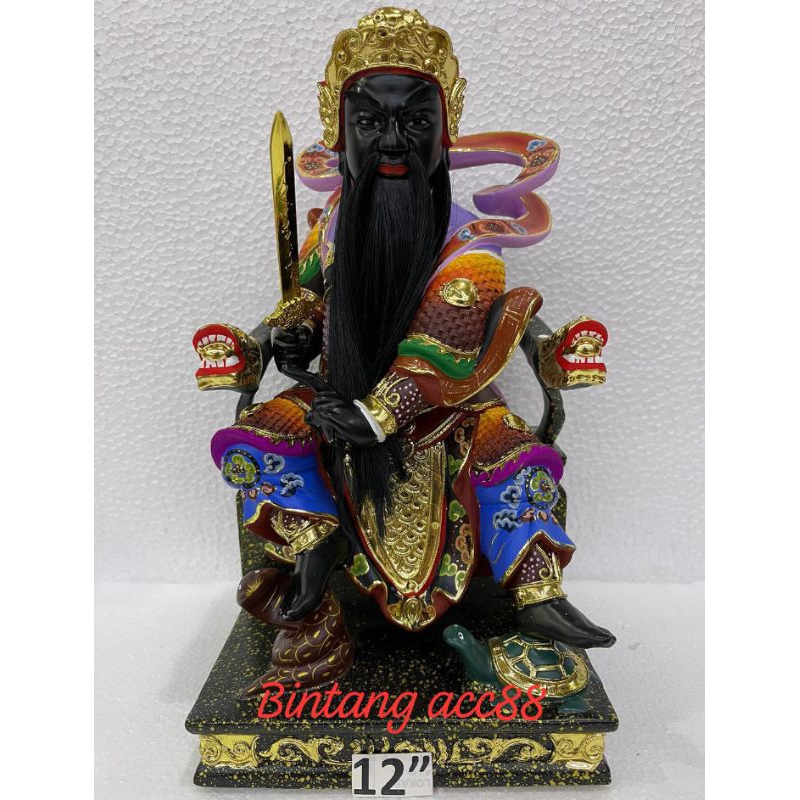 patung dewa hian tian / siong te kong - kayu - 12inch - kumis lurus - hitam - l24