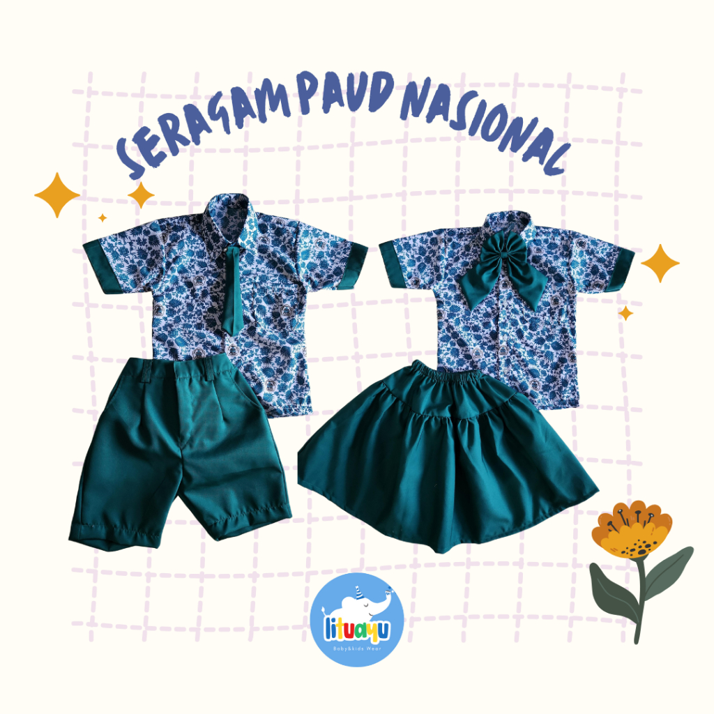 Baju Anak PAUD Setelan Seragam Sekolah Batik Paud Nasional Warna Tosca