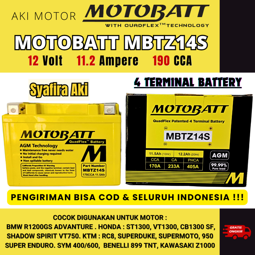 Aki motor Kawasaki ER-6N ER6N Ninja 650 MBTZ14S Motobatt