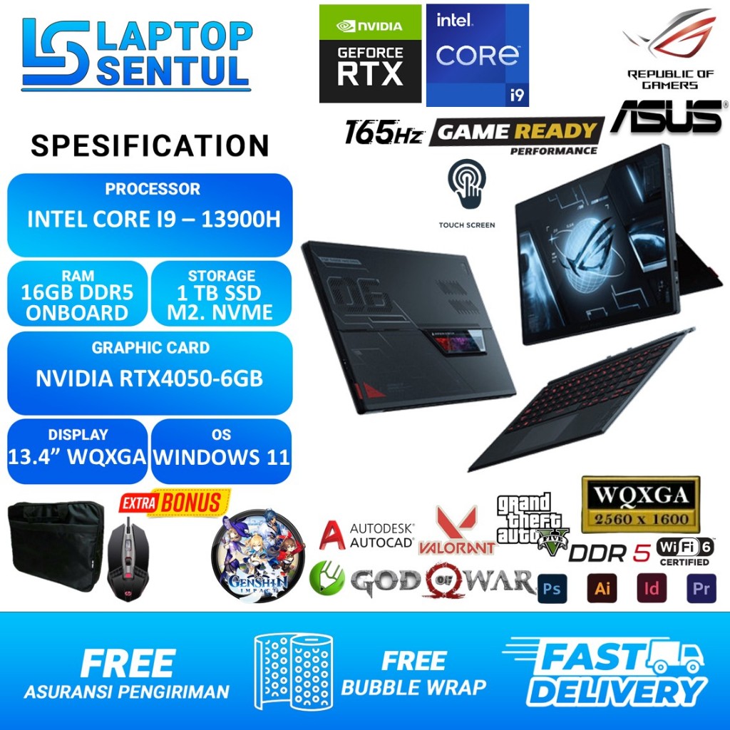 Asus ROG Flow Z13 GZ301VU Intel Core i9 13900H RAM 16GB DDR5 1TB SSD RTX4050-6GB WQXGA Touchscreen W