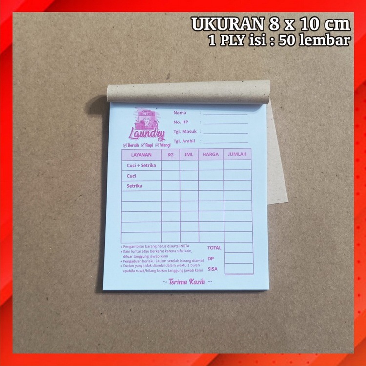

Nota Laundry Mini 1 Ply Merah Satuan Hvs Kwitansi Struk Setrika Londry