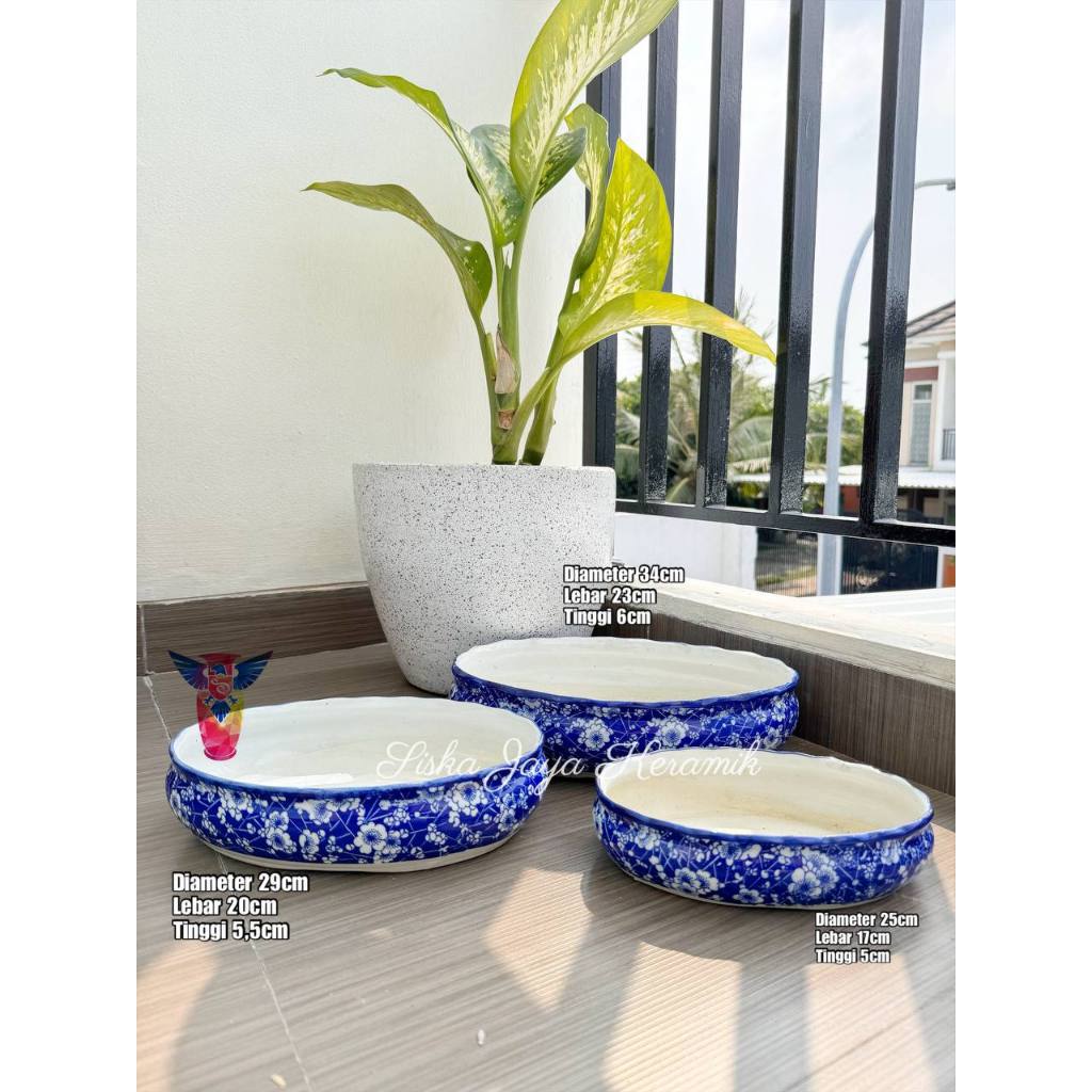 pajangan hiasan pot tanam bonsai set 3 oval motif sakura porselen keramik import