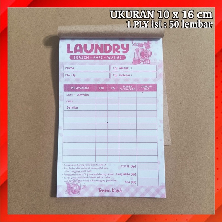 

Nota Laundry 1 Ply Merah Tidak Tembus Struk Cucian Londri Baju