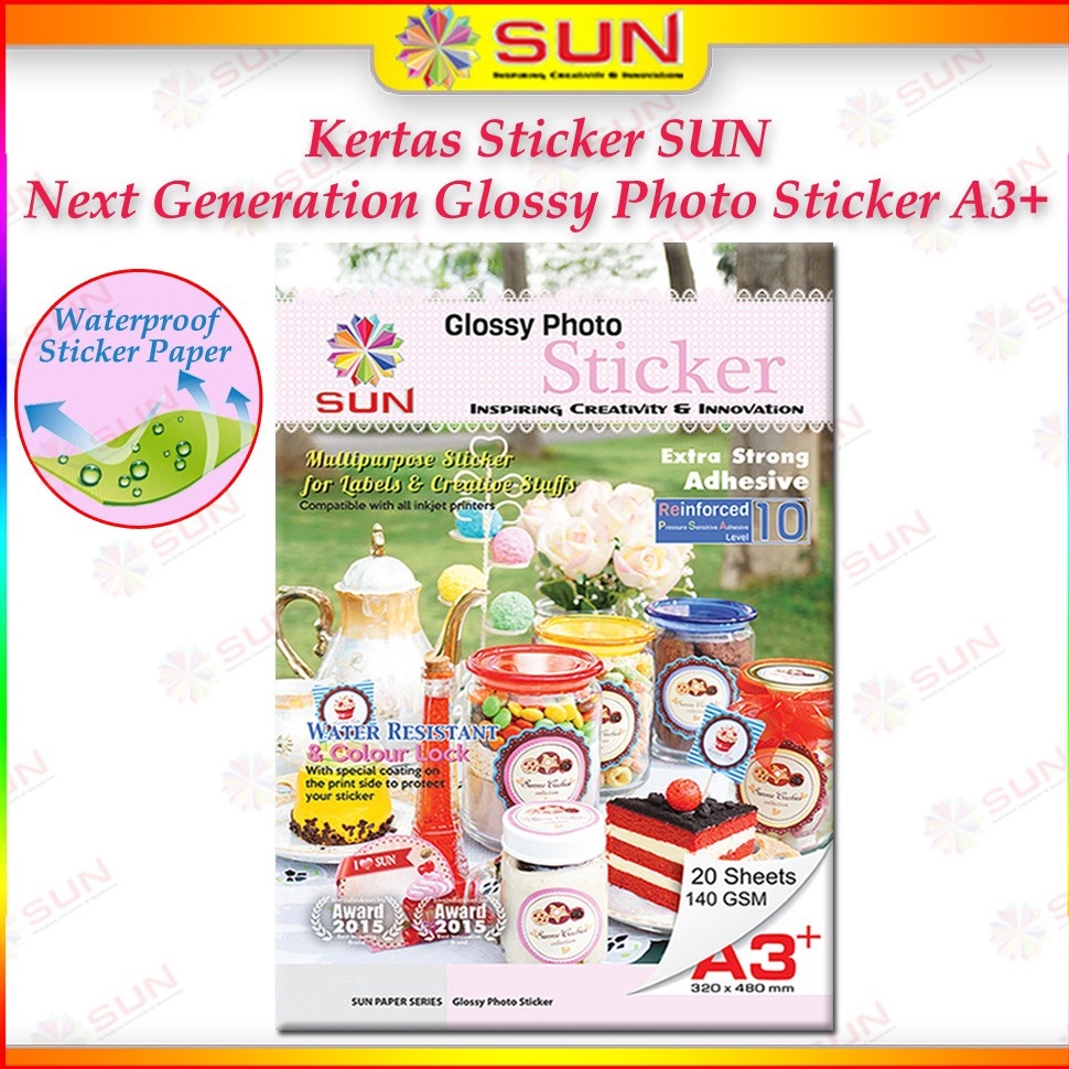 

Kertas Sticker A3A3 SUN NG Glossy Photo Sticker 14 Gsm Foto Glossy Sticker Support printer epsoncanonhpbrother ori dye 664 3 673 1 KODE H2V7