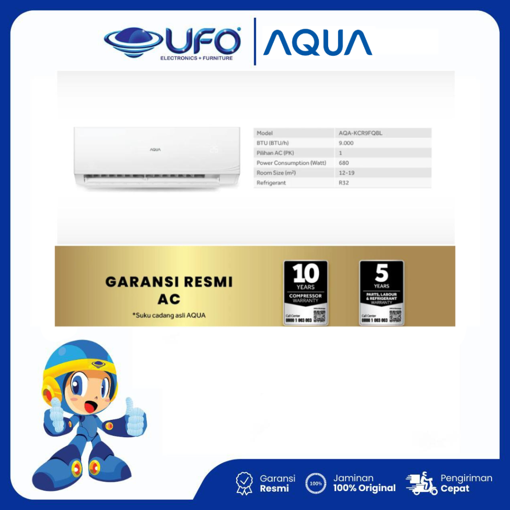 Aqua AC AQA-KCR9FQBL UV COOL STANDARD AC Standar 1PK with UVC Pro feature