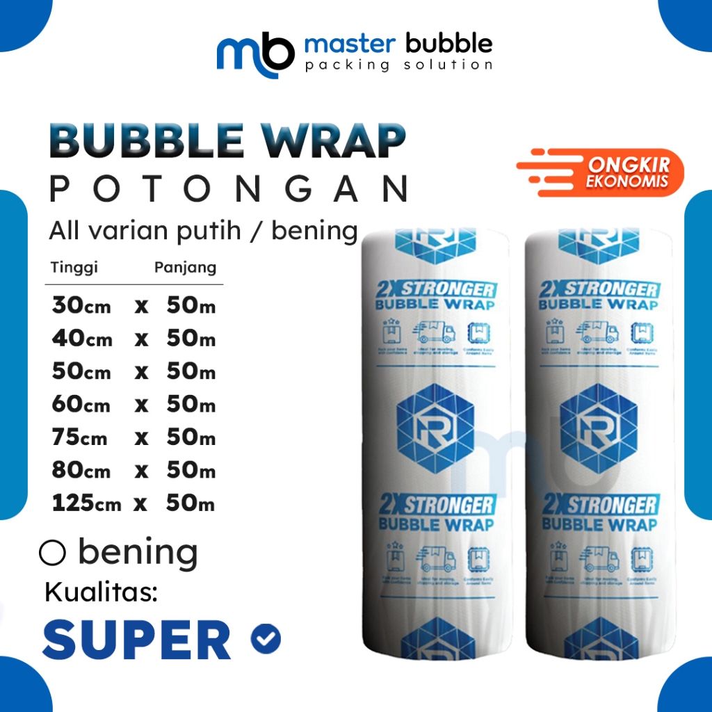 

Plastik Bubble Wrap RUSFET Potongan 30cm 40cm 50cm 60cm 75cm 80cm 125cm x 50meter Bening Super Tebal