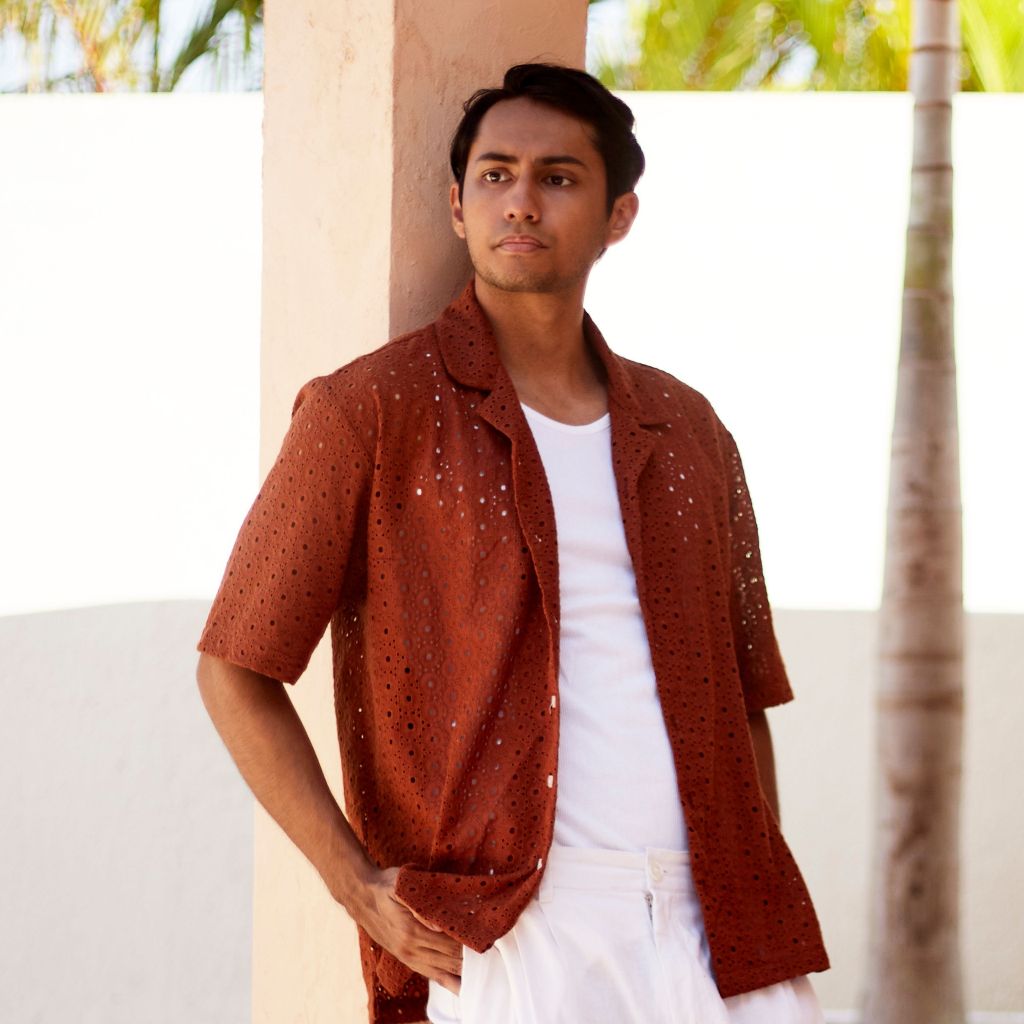 REMEDY Kemeja Pendek Pria Outer Summer Santai Katun Bordir Coklat Muda - Turmey Outer Shirt