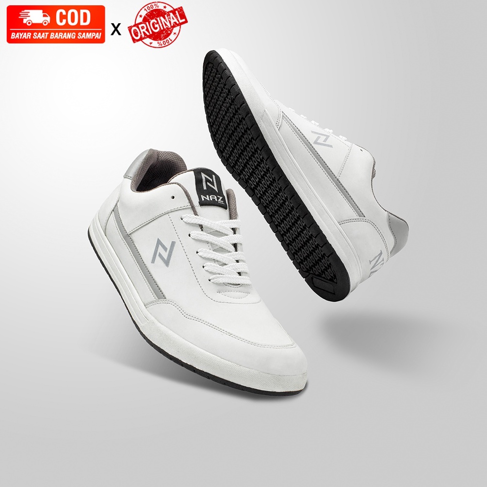 FLASH SALE NAZ Leonardo White Grey Sepatu Putih Pria Wanita Couple Sneakers Casual Kulit Polos Kasua