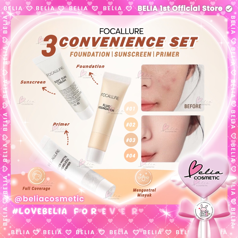 ❤ BELIA ❤ 'FOCALLURE Fluid Foundation | Ever-Matte Poreless Primer | Soft Sun Cream Travel Size 5g |