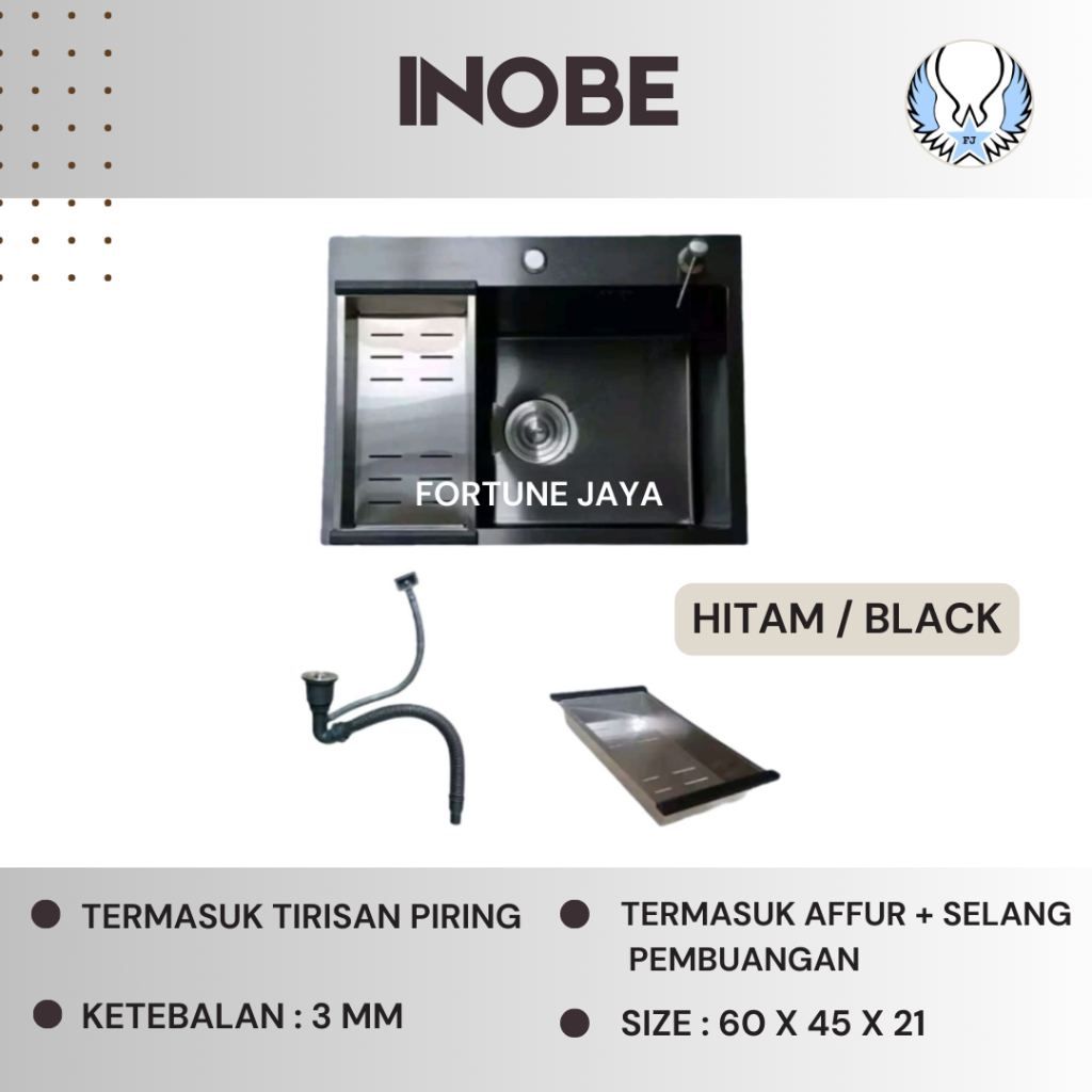 SET KITCHEN SINK STAINLESS HITAM INOBE 1 LUBANG 6045 / BAK CUCI PIRING STAINLESS HITAM BLACK SET 1 L