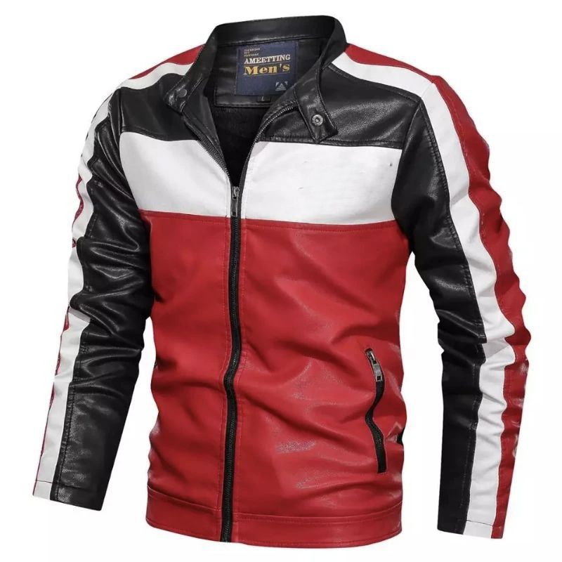 JAKET KULIT MOTOR ASLI DOMBA | JAKET KULIT PRIA WARNA MERAH STRIP HITAM DAN PUTIH MODEL TERBARU KETE