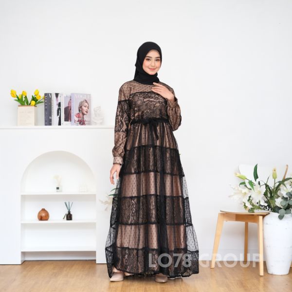Gamis Nadira Miniay Lapis Velvet Satin Karet Pinggang Brokat Broklat Baju Muslim Dewasa Remaja Maxi 