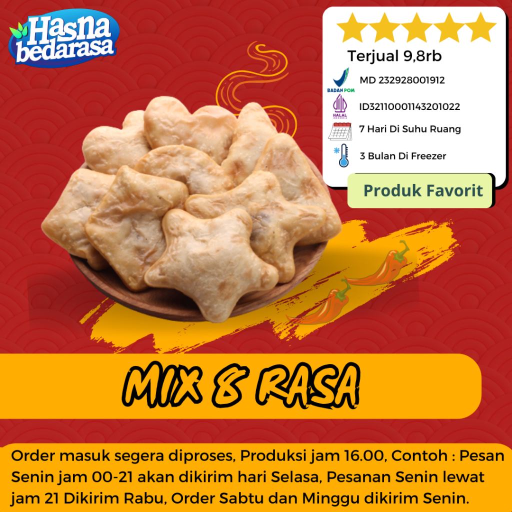 

Cireng Isi Khas Bandung Mix 8 Rasa PREMIUM Bersertifikat BPOM dan Halal Hasna Bedarasa