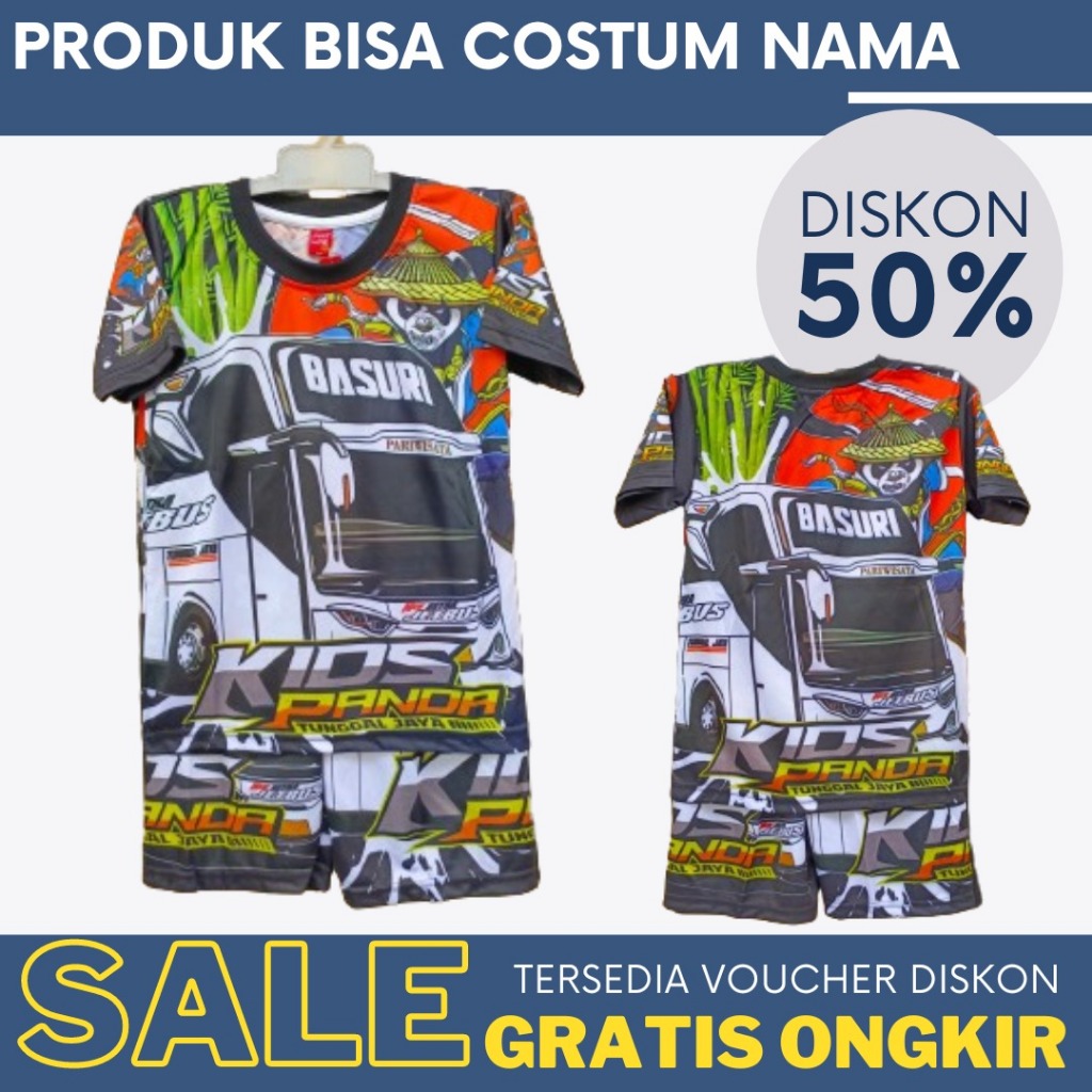 setelan baju anak truck oleng/stelan jersey baju truck oleng full print size 2-12thn