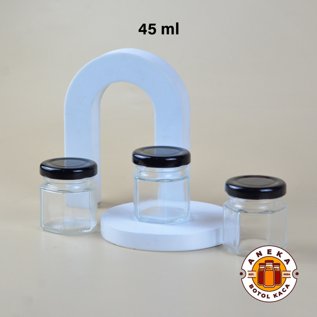 Jar Madu 45ml Toples Kaca Hexagon Tutup Hitam Kedap Udara – Wadah Madu Mini Kaca Tebal Food Grade, T
