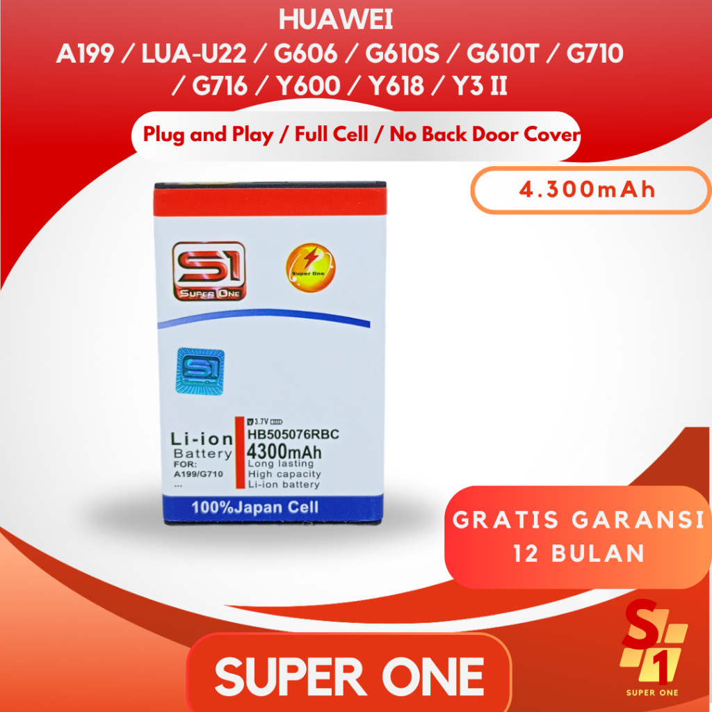 Super One - Original Baterai Huawei A199 / LUA-U22 / G606 / G610s / G610T / G710 / G716 / Y600 / Y61