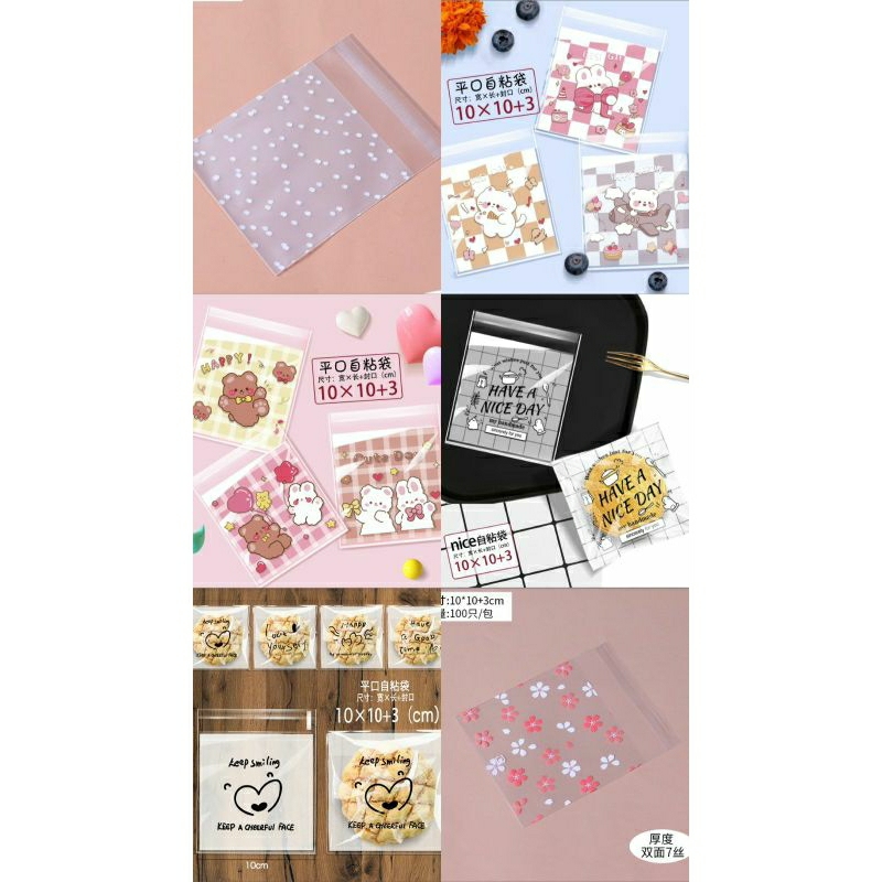 

10×10cm 100 pcs plastik cookies roti plastik OPP 10 x 10 cm plastik kue donut perekat seal