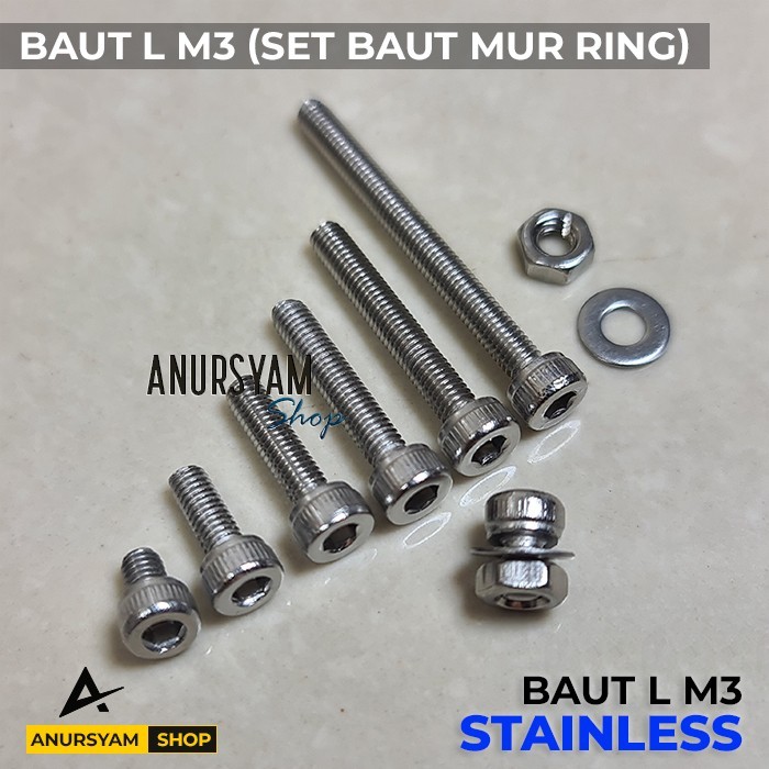 [Paket 10 Set] Baut L M3 Stainless 304 Set Baut Mur Ring Baut L Stainles Baut M3 Set