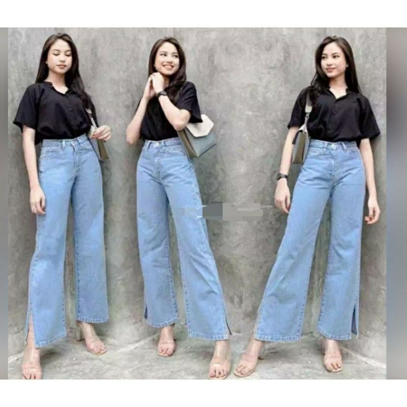 Kulot Jeans Belah Samping / Celana Kulot Hw Belah Jeans Tebal