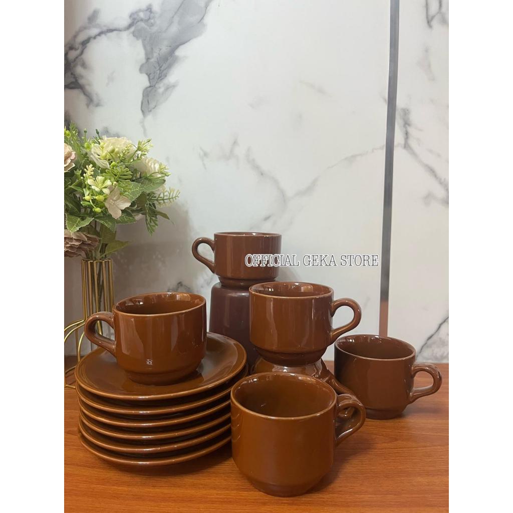 1 SET GELAS KERAMIK LUCKY POLOS 12 PCS SET CANGKIR KERAMIK POLOS ISI (6 GELAS+6TATAKAN)