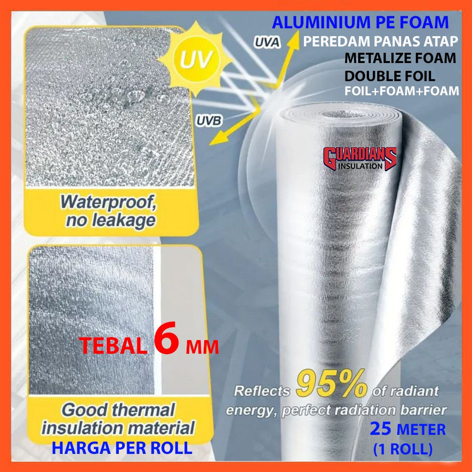 ALUMINIUM FOIL FOAM 6MM PEREDAM PANAS SUARA ATAP ROLL 25 METER