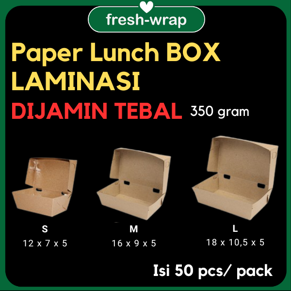 

Paper Lunch Box Laminasi 350 gsm Isi 50 lbr/pack Ukuran S/M/L Kraft Coklat