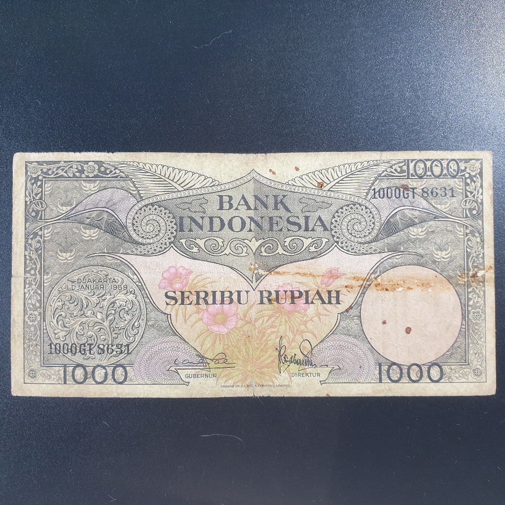 Uang Kuno Indonesia 1000 Rupiah Seri Bunga Tahun 1959 VG