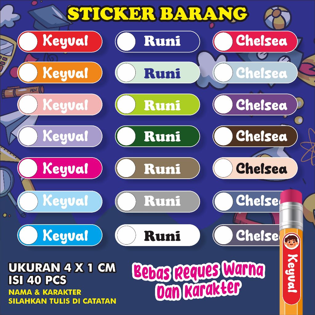 

Sticker Nama Label Sticker Anak Stiker buku Isi 40 pcs Gratis Custom karakter dan nama