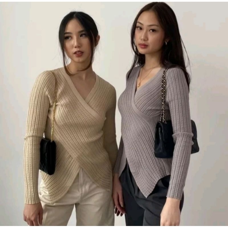 BAJU TOP KNIT V-NECK KOREA STYLE WRAP TOP/ ATASAN RAJUT WANITA LENGAN PANJANG SELEMPANG V-NECK