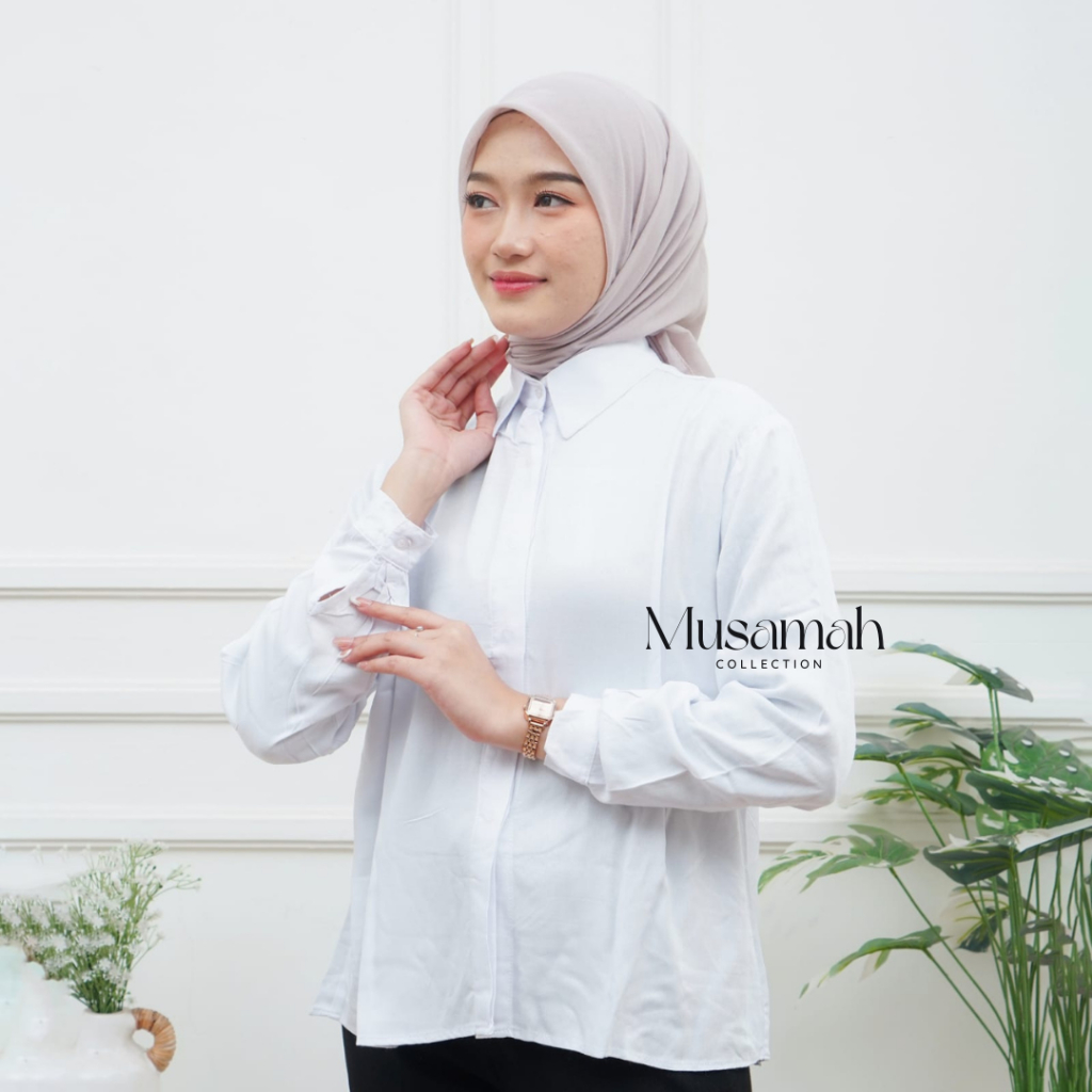 Atasan Kemeja Polos Wanita Bahan Rayon Twill Lengan Panjang Warna Putih