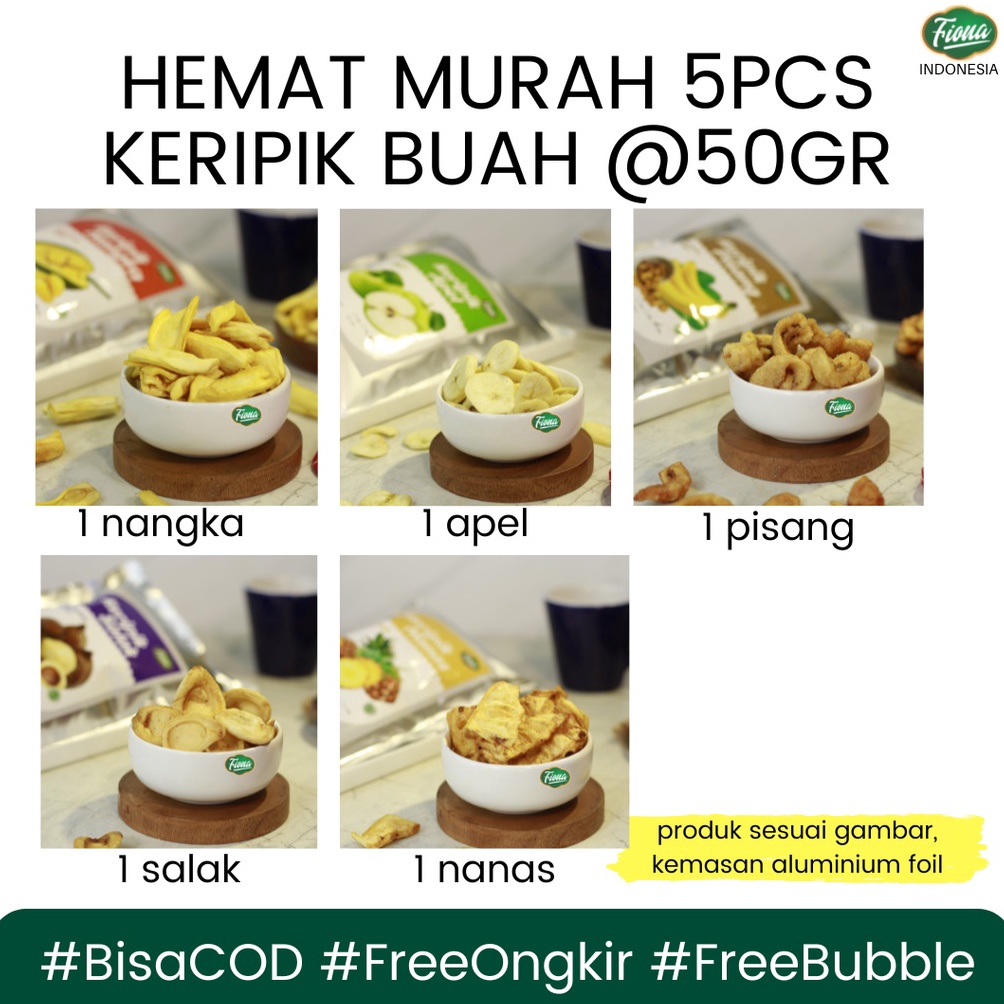 

MEGA Fiona Paket Hemat 5 pcs Keripik Buah Apel Nangka Salak Nanas Pisang 5gram
