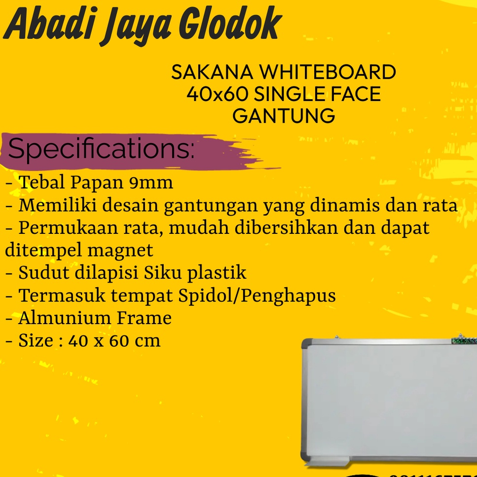 

SAKANA WHITEBOARD 40X60 SINGLE FACE GANTUNG