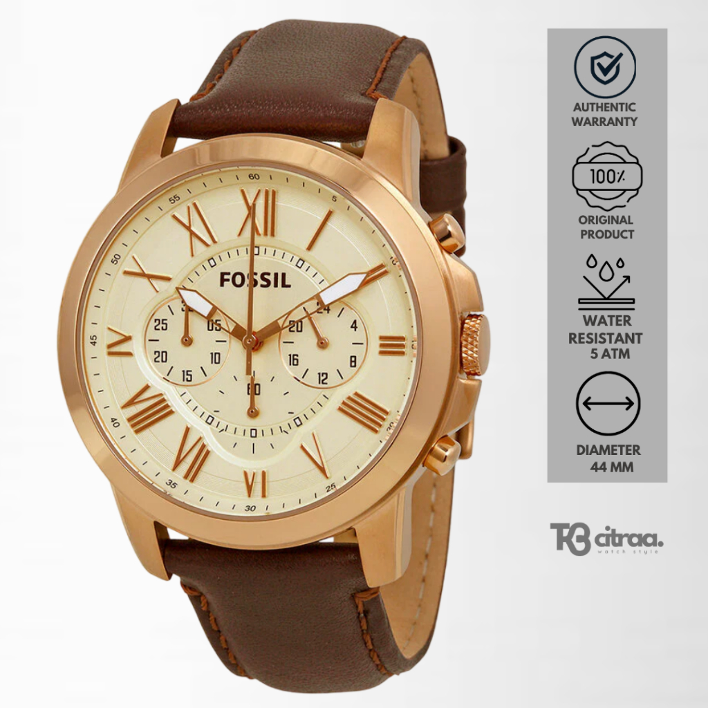 jam tangan fashion pria Fossil men Grant analog strap kulit cowok Chronograph Brown Leather water re