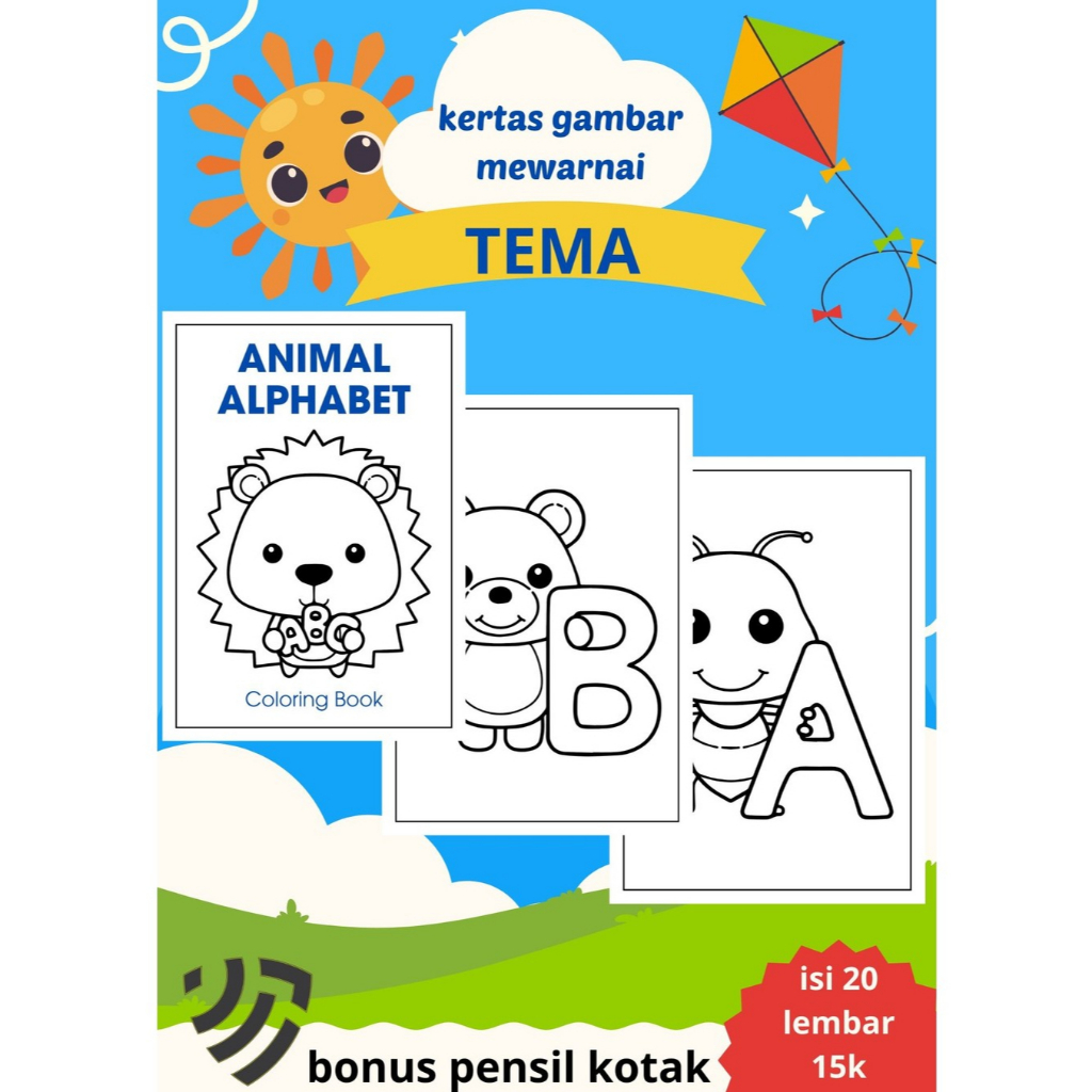 

kertas gambar mewarnai tema abe dan hewan bonus pensil kotak