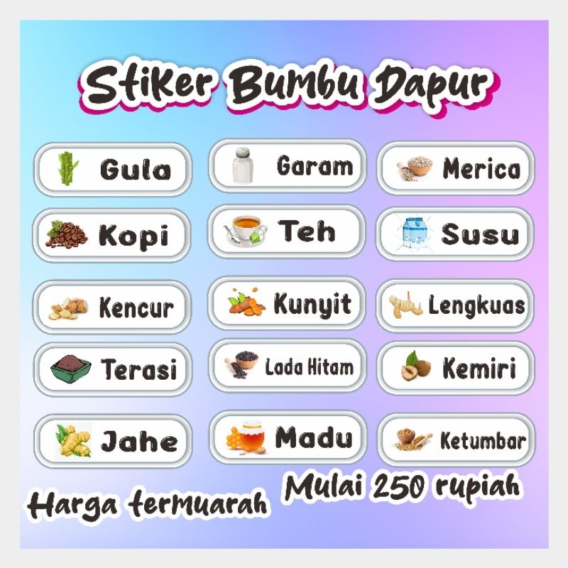 STIKER BUMBU DAPUR GULA GARAM MERICA LENGKAP DENGAN GAMBAR/ STIKER LABEL BUMBU / STICKER DAPUR SESUA