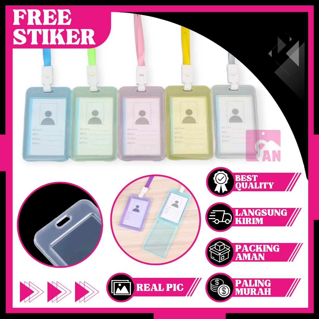 

1PCS Name Tag Id Card Holder Plus Tali Lanyard Transparan Gantungan Tempat Kartu Nama Vertical Horizontal Motif Polos Bening Transparant A286