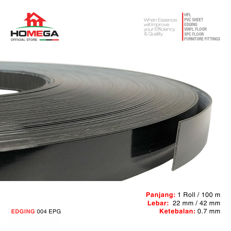 HOMEGA PVC Edging- Pelapis Meja PVC - Tekstur Black Glossy - Ukuran 22 mm / 42 mm - Kemasan 1 Roll /