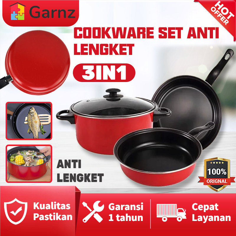 Panci Set 3 IN 1 Anti Lengket Panci Isi 3 Tutup Kaca Panci Set Pot Cookware Set Anti Lengket