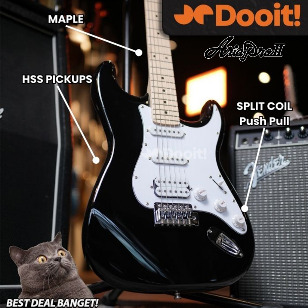 Aria Pro Ariapro II STG004 STG 004 HSS Gitar Elektrik MAPLE Split Coil Push Pull - BLACK