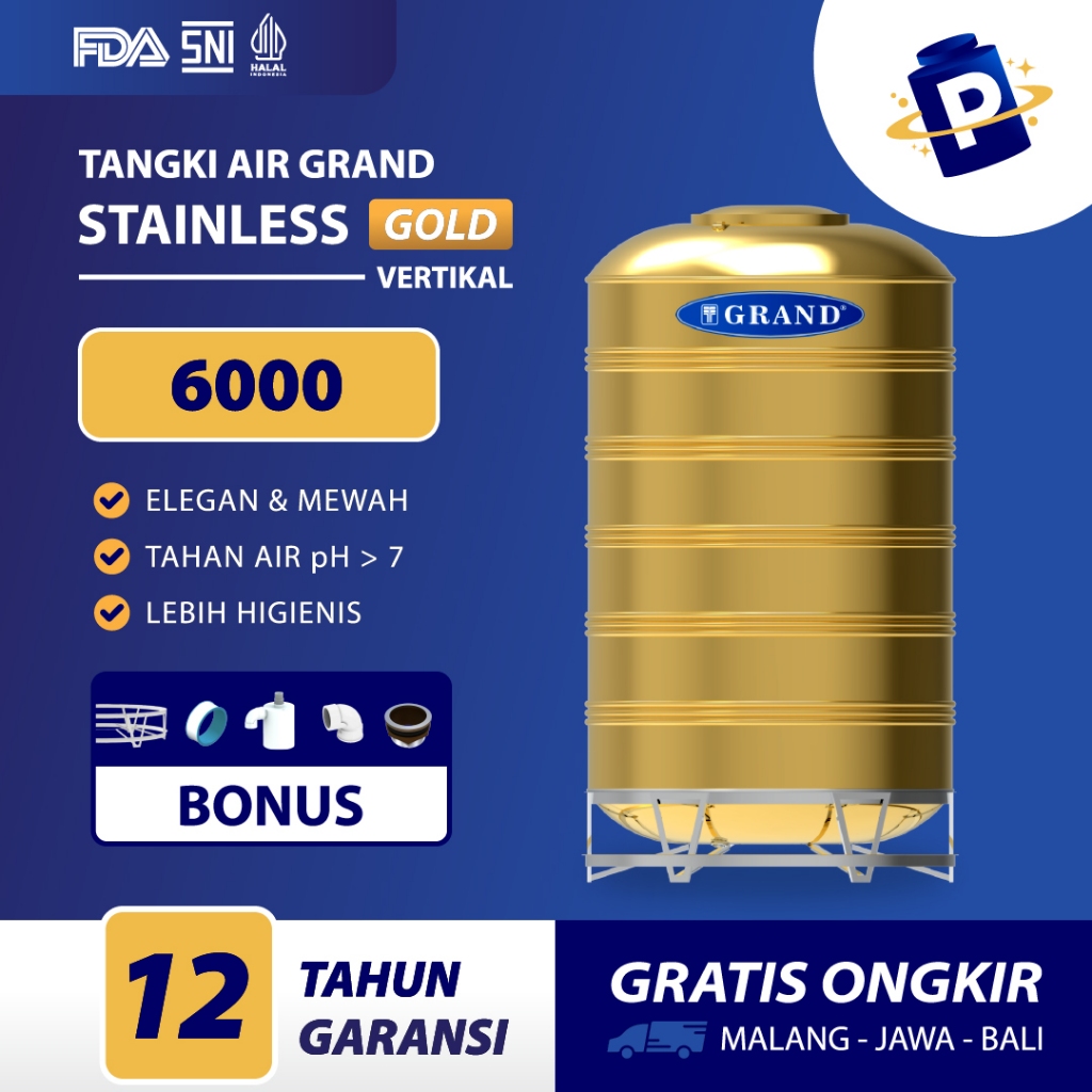 Toren Tandon Air Tangki Stainless Grand TSV 6000 5000 5700 Liter Anti Karat FDA Halal Garansi 12th F