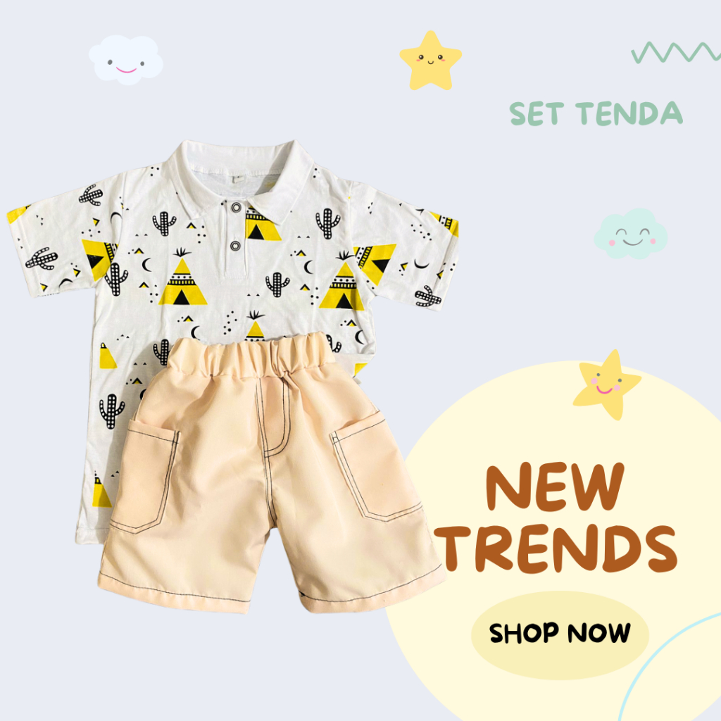 Setelan anak laki laki bahan katun motif tenda untuk umur 6 bulan sampai 6 tahun