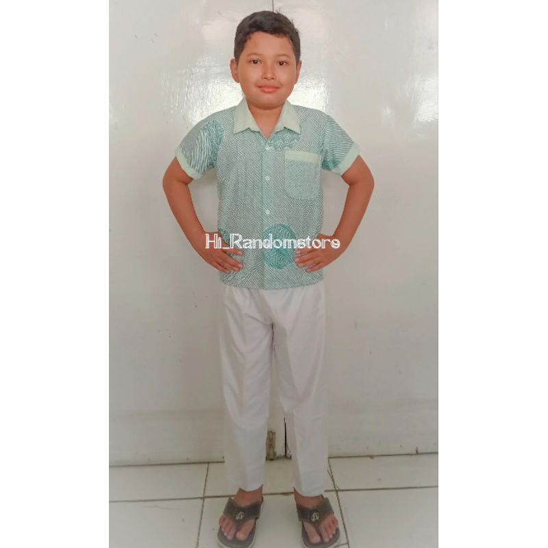 Hem batik anak warna hijau tosca muda motif garis bulat bunga