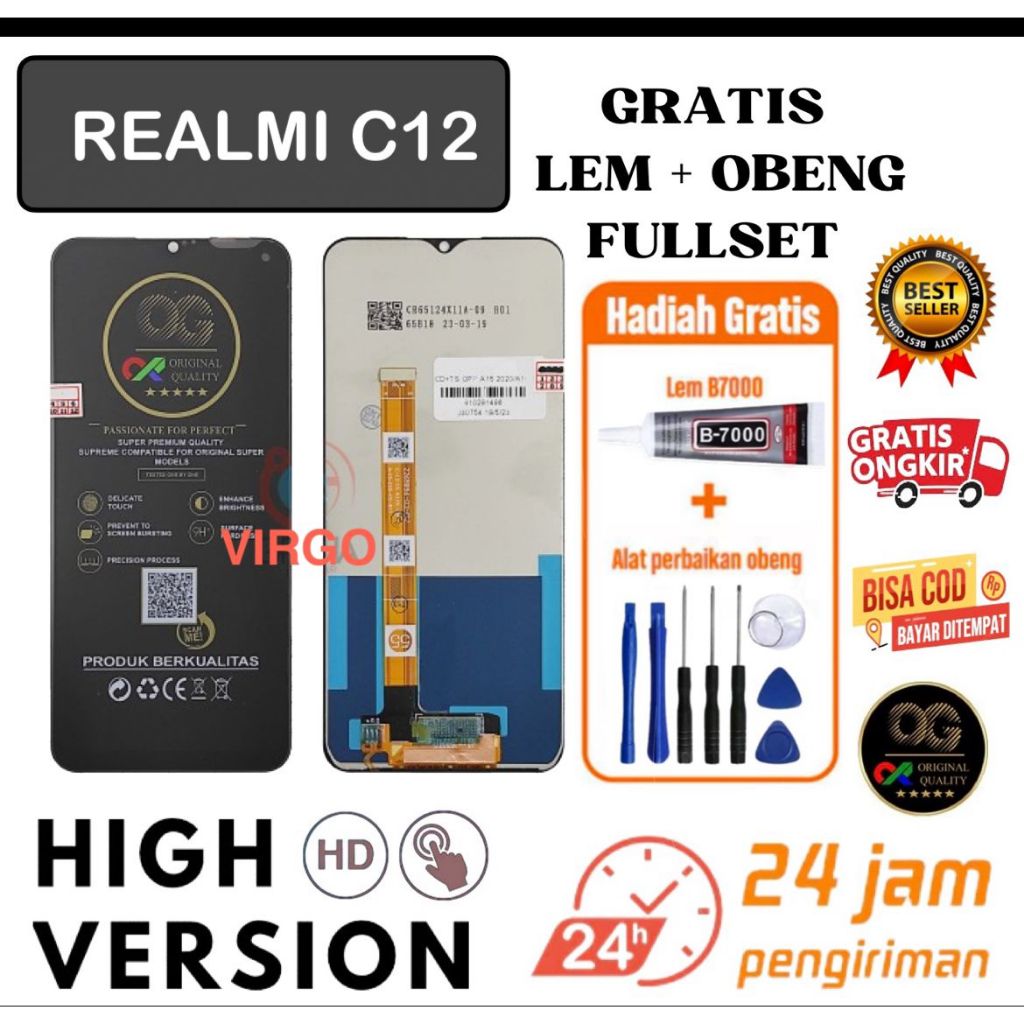 LCD REALME C12 fullset free LEM + OBENG / LCD TOUCHSCREEN REALME C12 ORIGINAL OG