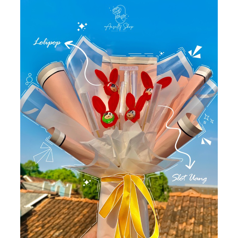 

Buket slot uang kombinasi lollypop rabbit, buket kawat bulu murah
